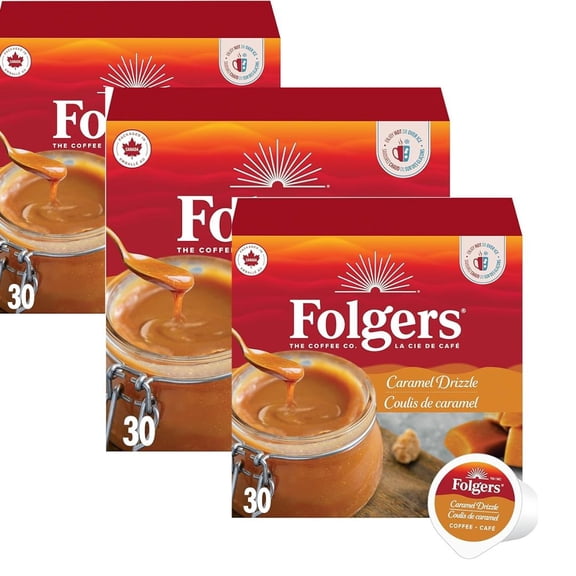 Folgers Caramel Drizzle Flavoured Light Roast Coffee pods 90 count ( 3 PACK )