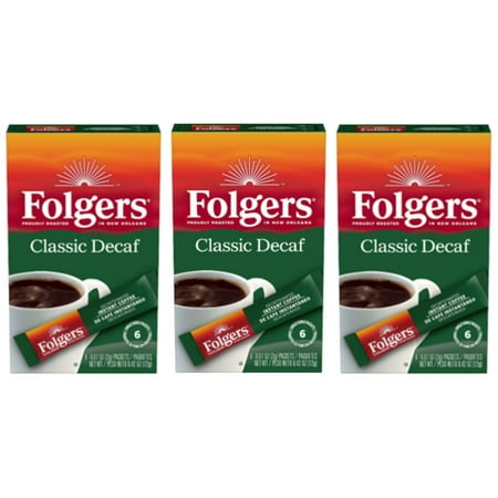 Folgers Classic Decaf Decaffeinated Instant Coffee Crystals, 6 Single Serve Packets (3 Boxes, 18 Sachet Total) 100% Pure Coffee Medium Roast Convenient On the Go Coffee Powder