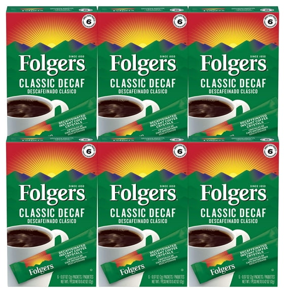 Folgers Classic Decaf Decaffeinated Instant Coffee Crystals, 6 Single Serve Packets (6 Boxes, 36 Sachet Total) 100% Pure Coffee Medium Roast Convenient On the Go Coffee Powder & CUSTOM Storage Carrier