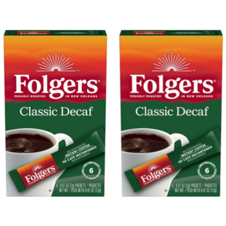Folgers Classic Decaf Instant Coffee Crystals Packets, 6 Count - Pack of 2 boxes (12 Total Packets)