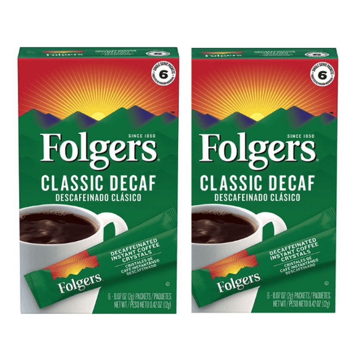 Folgers Classic Decaf Instant Coffee Crystals Packets, 6 Count pack of