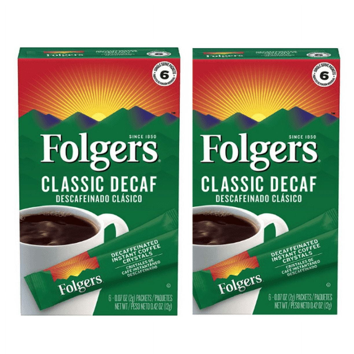 Folgers Classic Decaf Instant Coffee Crystals Packets, 6 Count pack of