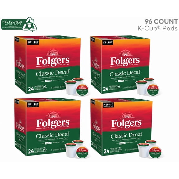 Folgers Classic Decaf K-Cup Pods 96 Count (4 Boxes of 24 Count)
