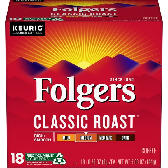 Folgers Classic Roast Coffee K-Cup Pods, 18 Count