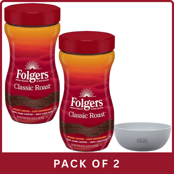 Folgers Classic Roast Instant Coffee Crystals (16 oz)-2pk, With Olive White Bowl By OMA