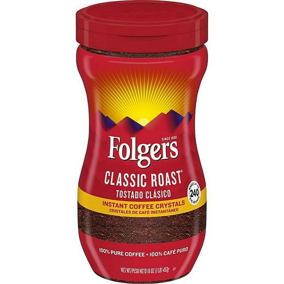 Folgers Instant Coffee Crystals, Classic Roast, 16 ounce