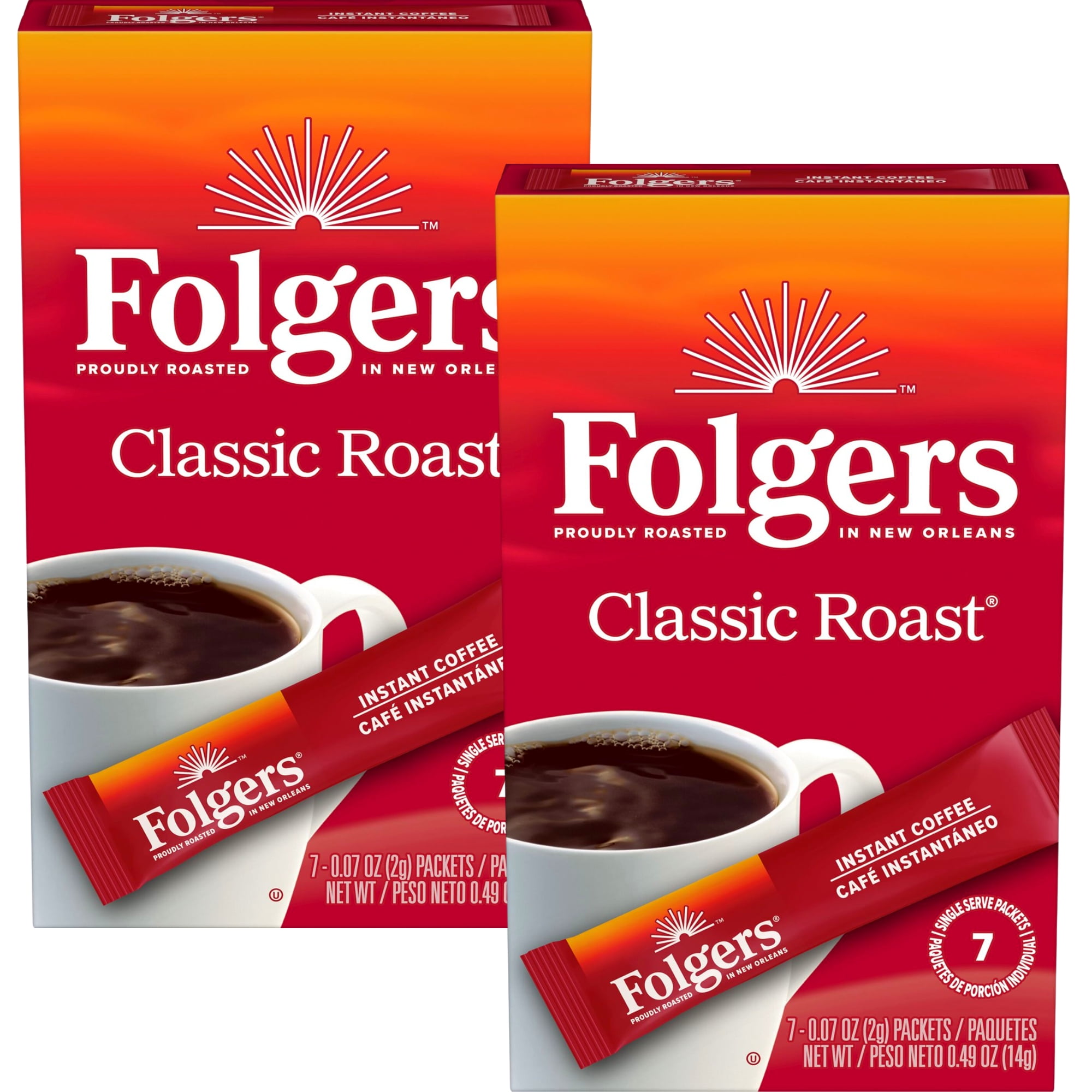 Folgers Classic Roast Instant Coffee Crystals, 7 Single Serve Packets (2 Boxes, 14 Sachet Total) 100% Pure Coffee Medium Roast Convenient On the Go Coffee Powder & CUSTOM Storage Carrier
