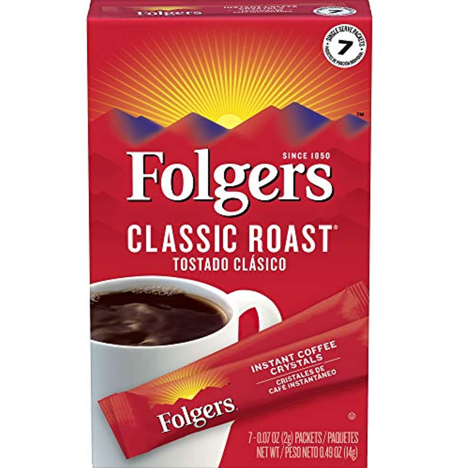 Folgers Classic Roast Instant Coffee Crystals, 7 Single Serve Packets