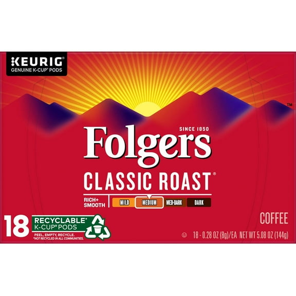 Folgers Classic Roast, Medium Roast Coffee K Cup Pods For Keurig K Cup Brewers, 18 Count
