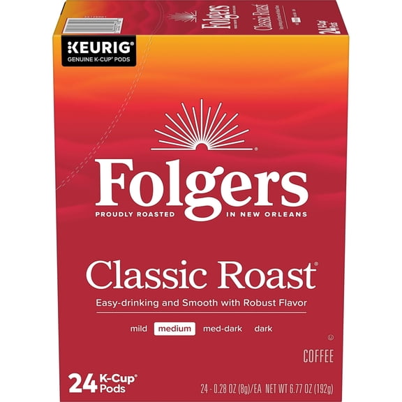 Folgers Classic Roast, Medium Roast Coffee, Keurig K Cup Pods, 24 Count Box