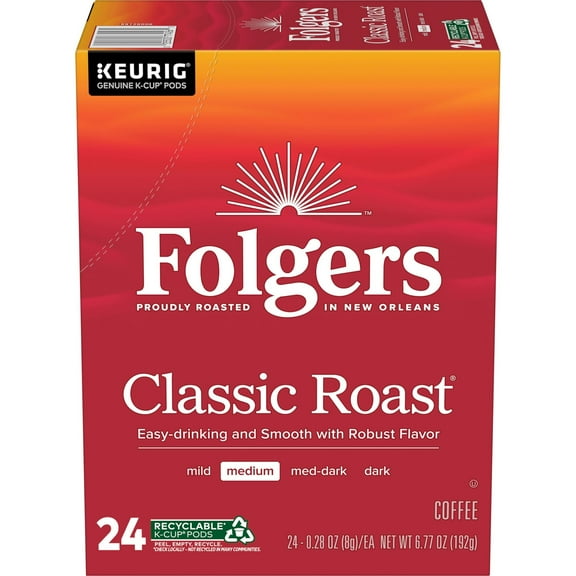 Folgers Classic Roast, Medium Roast Coffee, Keurig K Cup Pods, 24 Count Box