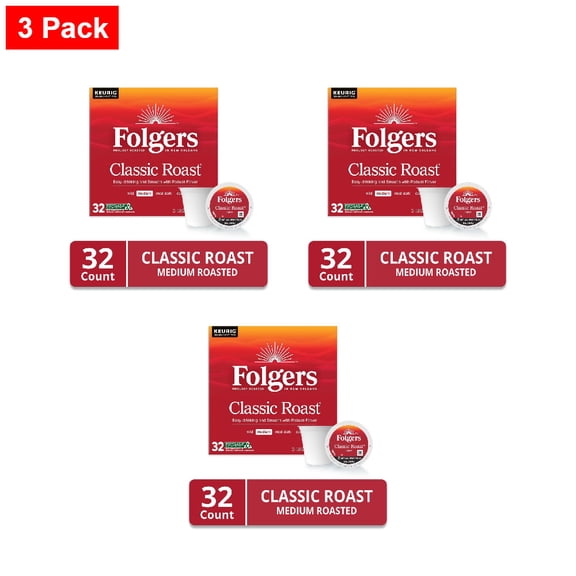 Folgers Classic Roast, Medium Roast Coffee, Keurig K-Cup Pods 32 count - 3 Pack