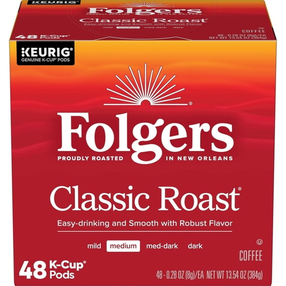 Folgers Classic Roast, Medium Roast Coffee, Keurig K Cup Pods, 48 Count Box
