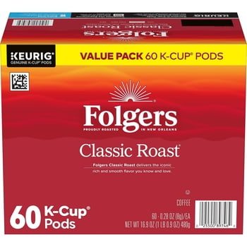 Folgers Classic Roast, Medium Roast Coffee, Keurig K Cup Pods, 60 Count Box