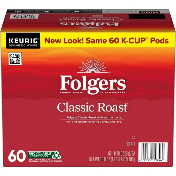 Folgers Classic Roast, Medium Roast Coffee, Keurig K Cup Pods, 60 Count Box