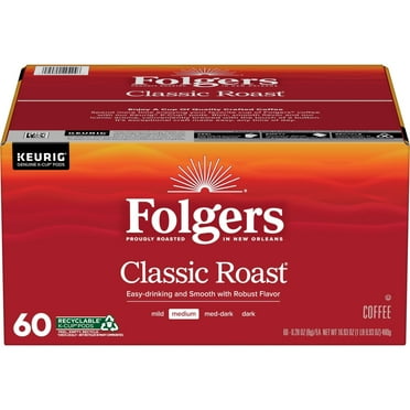 Folgers Classic Roast, Medium Roast Coffee, Keurig K Cup Pods, 60 Count Box