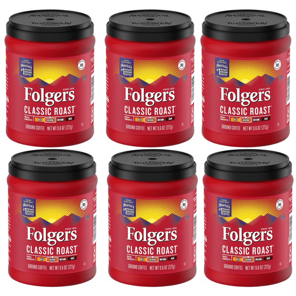 Folgers Classic Roast Medium Roast Ground Coffee, 9.6 Ounces Sealed for Freshness (Pack of 6)