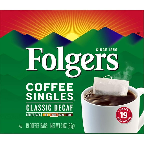 Folgers Coffee Singles Classic Decaf Medium Roast Coffee, 19 Single Serve Coffee Bags