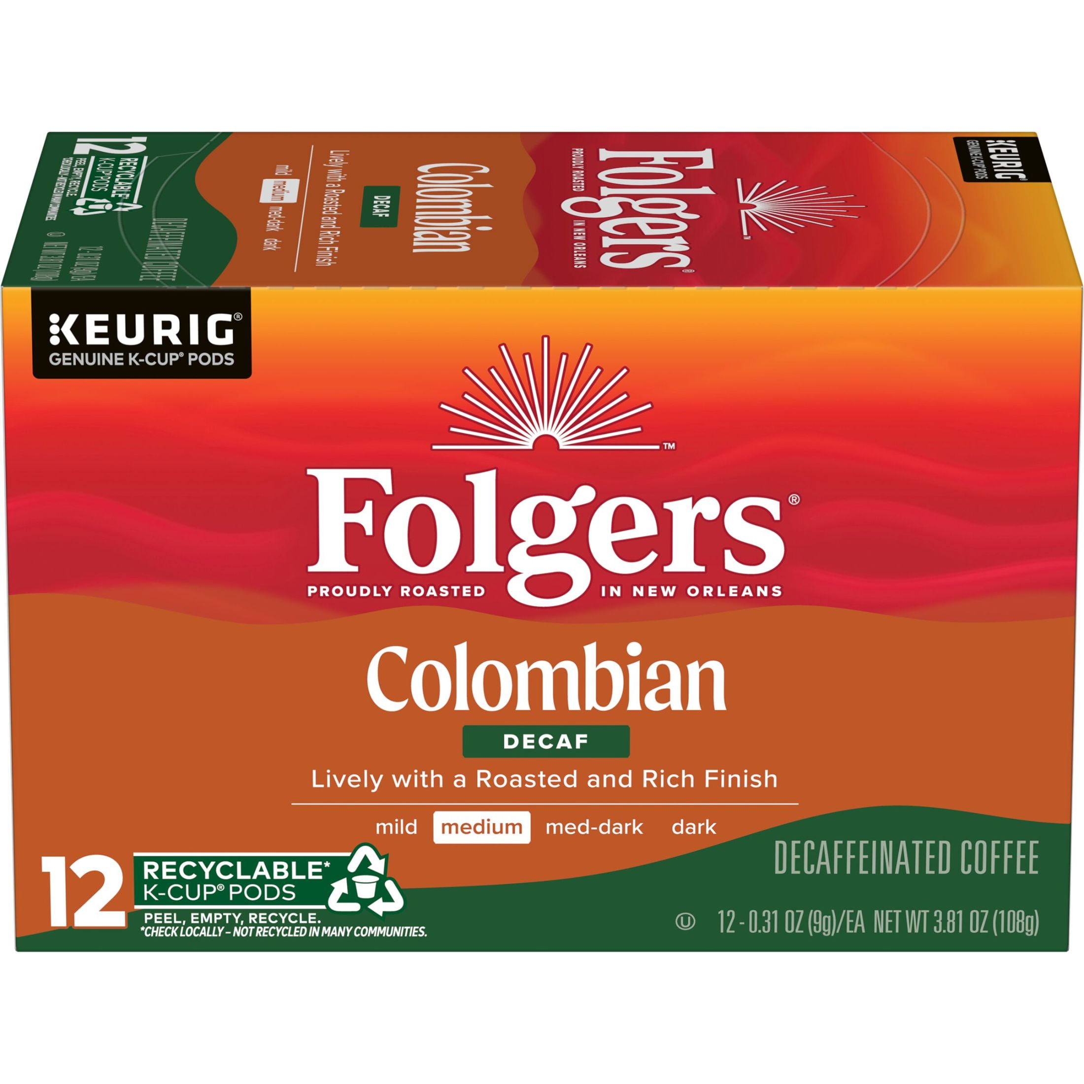Folgers Colombian Decaffeinated Coffee, Medium Roast, Keurig K-Cup Pods, 12 Count Box