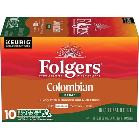 Folgers Colombian Decaf Coffee, Medium Roast, Keurig K Cup pods, 10 Count Box