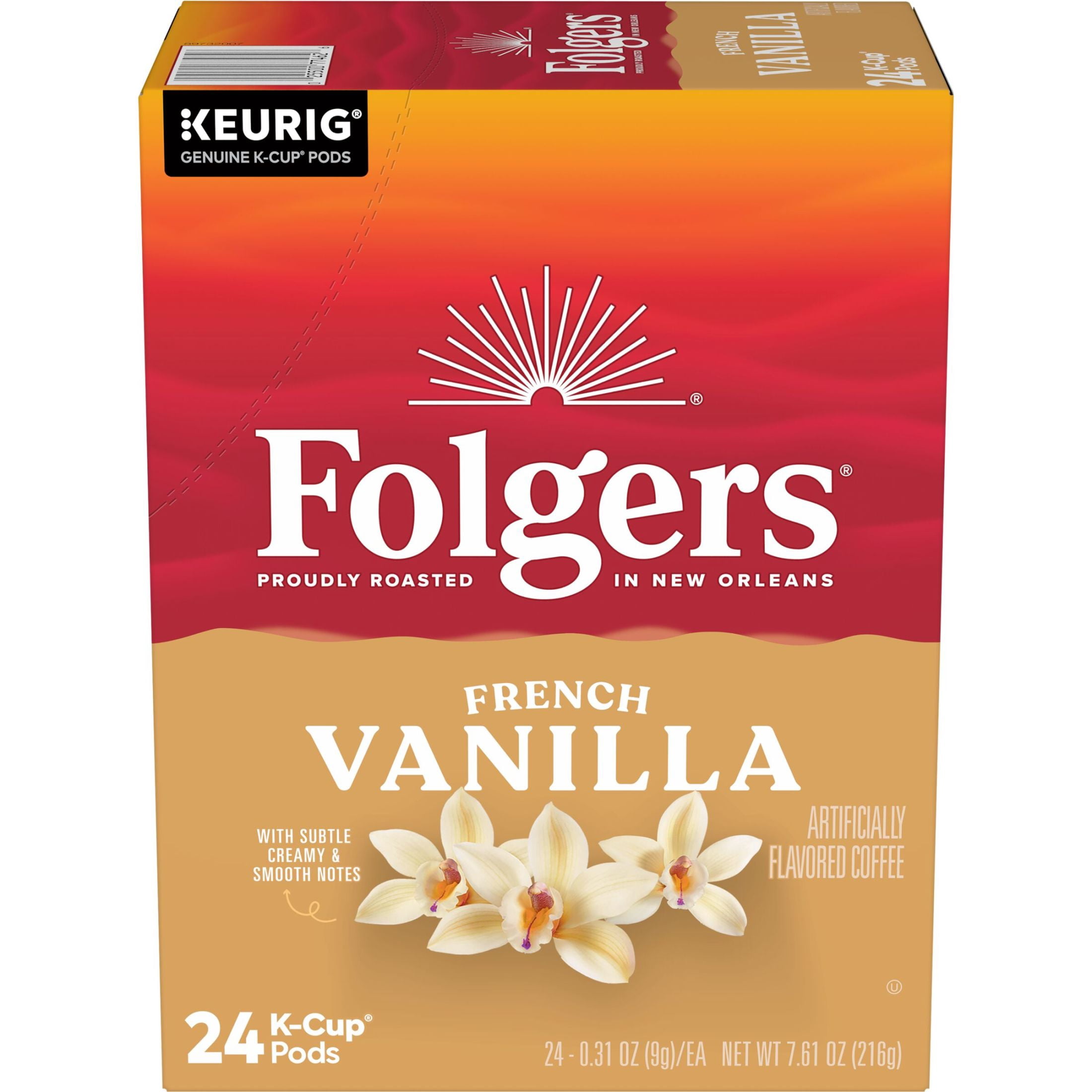 Folgers French Vanilla Artificially Flavored Coffee, Mild Roast, Keurig K Cup Pods, 24 Count Box