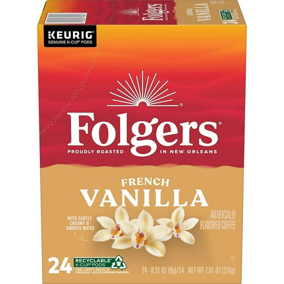 Folgers French Vanilla Artificially Flavored Coffee, Mild Roast, Keurig K Cup Pods, 24 Count Box