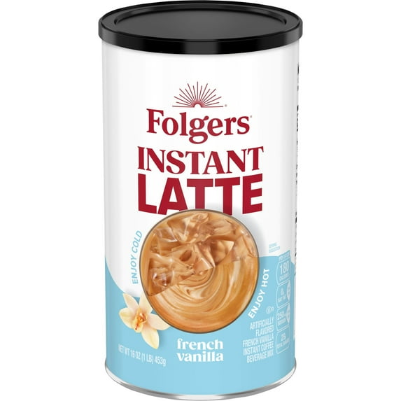 Folgers French Vanilla Instant Latte, Artificially Flavored Instant Coffee Beverage Mix, 16 oz Canister