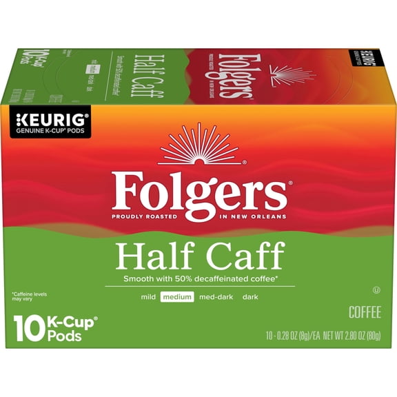 Folgers Half Caff Medium Roast Coffee, Keurig K Cup Pods, 10 Count Box