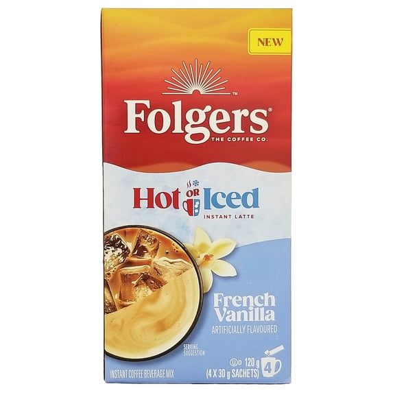 Folgers Hot Or Cold Instant Latte, French Vanilla Flavored, 4 Packets, 120g/4.2 oz
