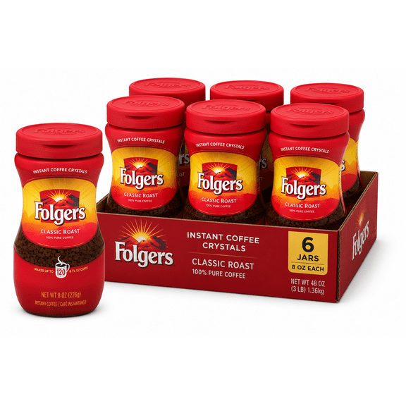 Folgers Instant Coffee Crystals Classic Roast, 6 Jars, 8 oz Each