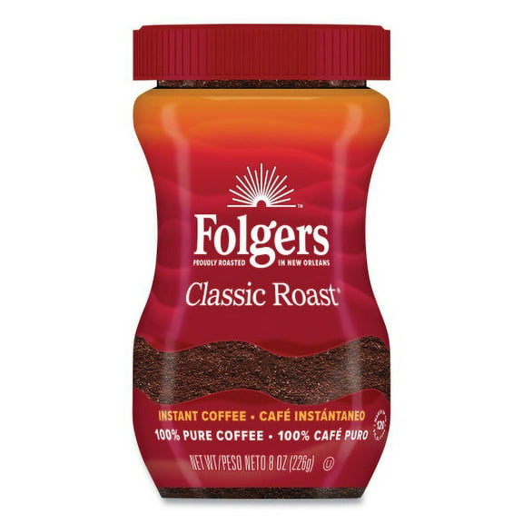 Folgers Instant Coffee Crystals, Classic Roast, 8 oz Jar, Medium, Each