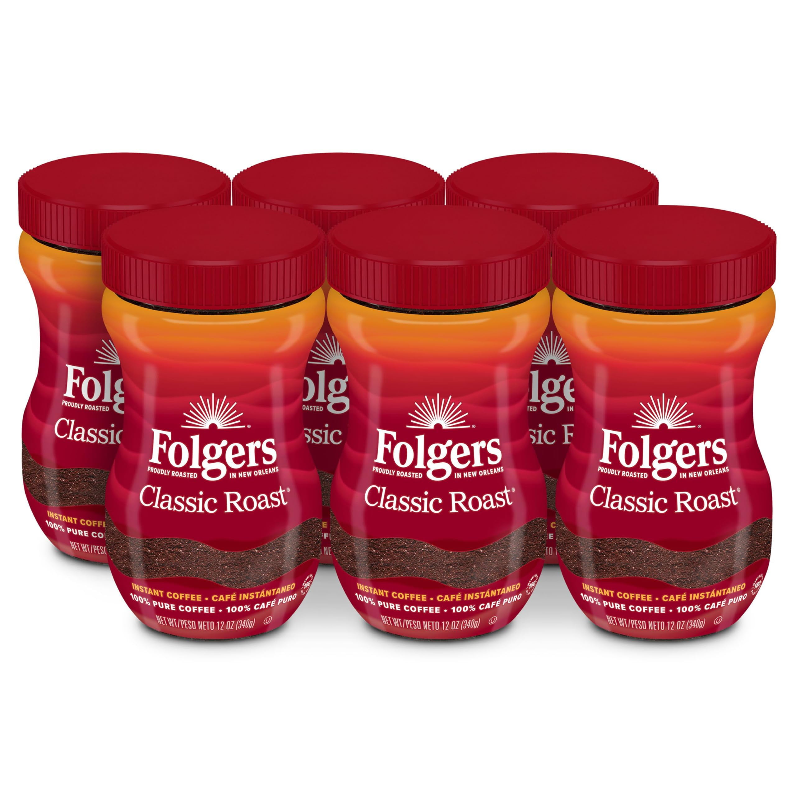 (6 pack) Folgers Classic Roast Instant Coffee, 12 oz Jar