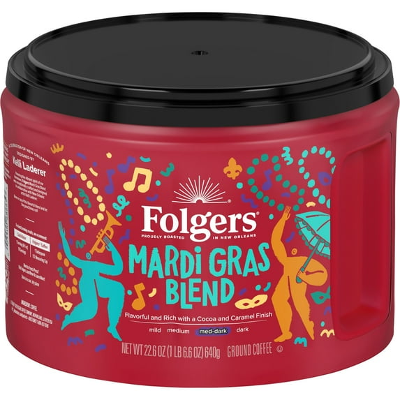 Folgers Mardi Gras Blend Ground Coffee, Medium Dark Roast, 22.6 oz Canister