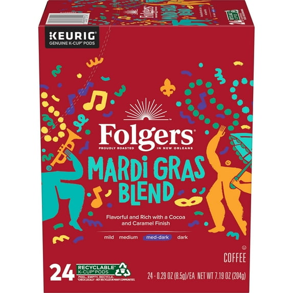 Folgers Mardi Gras Blend Medium Dark Roast Coffee, 24 Keurig K Cup Pods