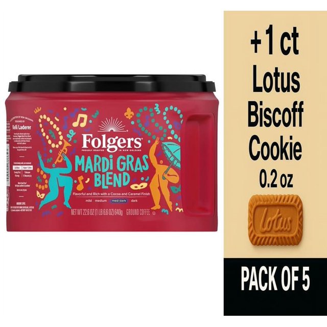 Folgers Mardi Gras Blend Medium Dark Roast Ground Coffee 22.6 oz - Pack of 5 & Lotus Biscoff Cookie - 0.2 Oz - 1 ct
