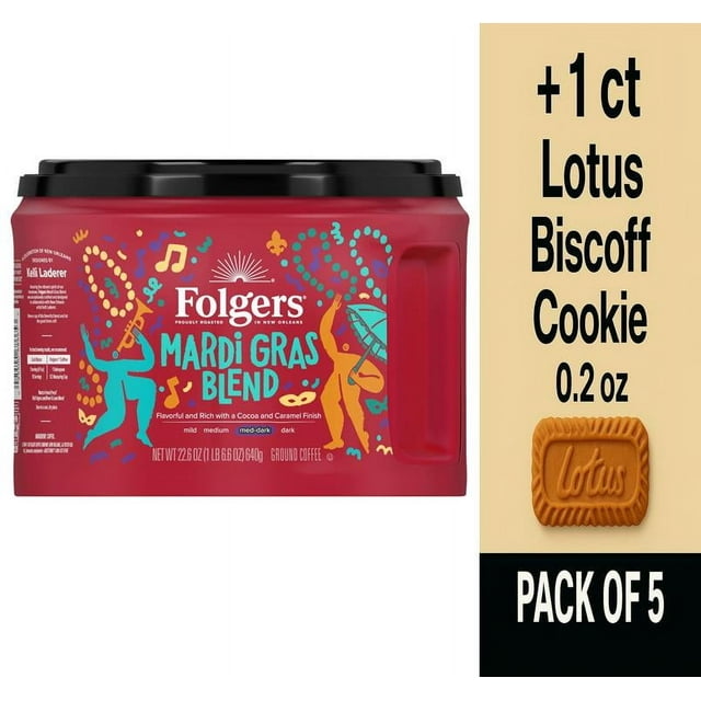 Folgers Mardi Gras Blend Medium Dark Roast Ground Coffee 22.6 oz - Pack of 5 & Lotus Biscoff Cookie - 0.2 Oz - 1 ct