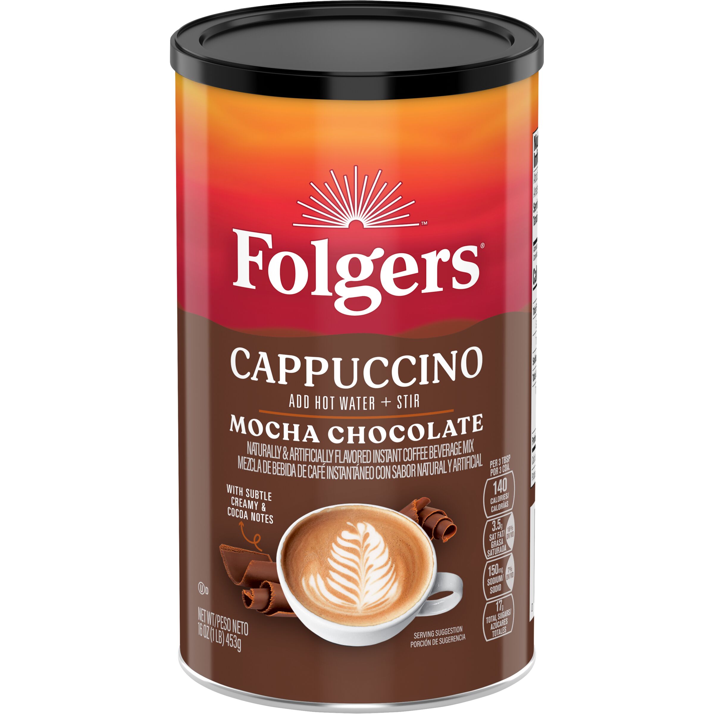 Folgers Mocha Chocolate Flavored Cappuccino Mix, Instant Coffee Beverage, 16-Ounce Canister - image 1 of 9