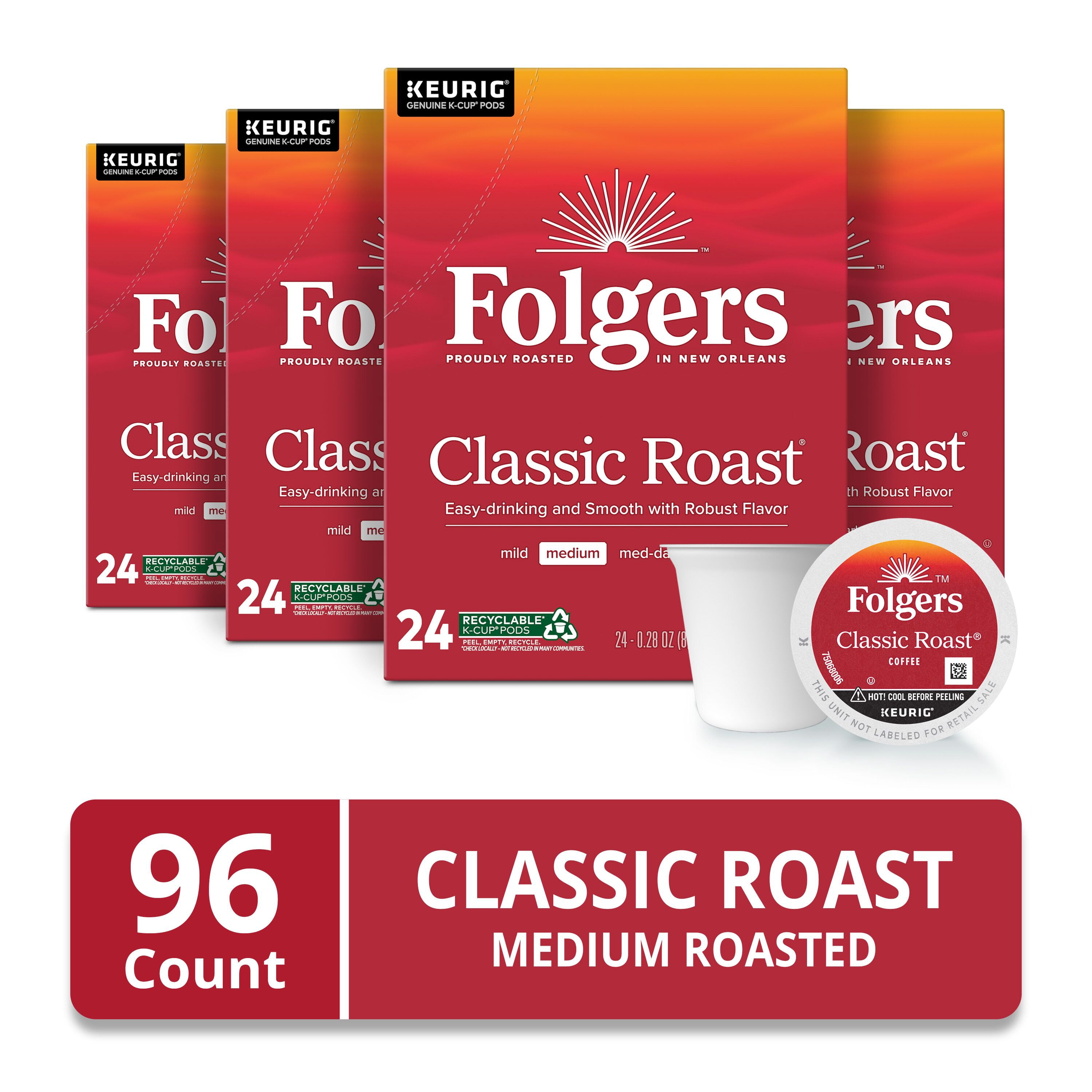 (4 pack) Folgers Classic Roast, Medium Roast Coffee, Keurig K Cup Pods, 24 Count Box