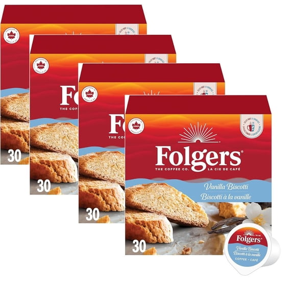 Folgers Vanilla Biscotti Flavoured Light Roast Coffee Pods, 120 count ( 4 pack )