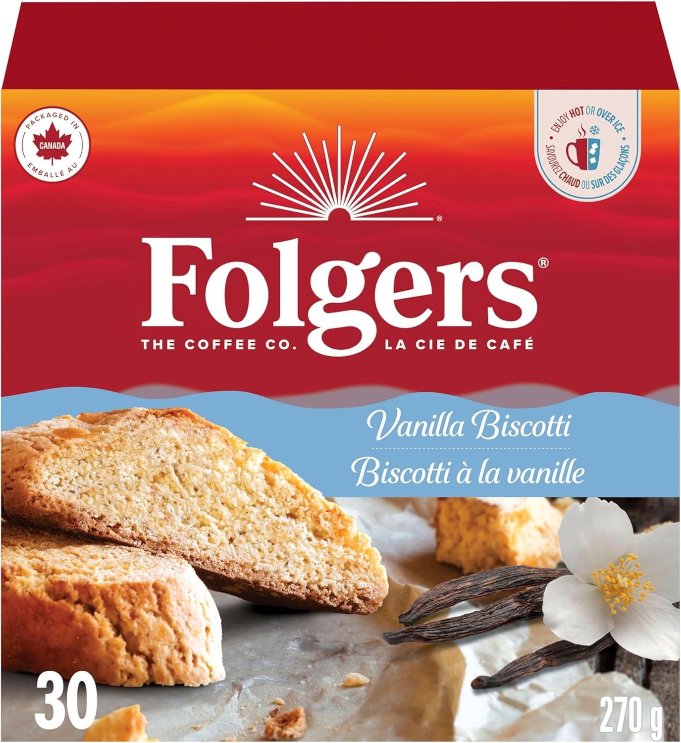Folgers Vanilla Biscotti Flavoured Light Roast Coffee Pods, 30 count ( 1 pack )
