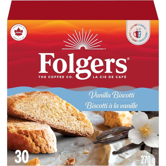 Folgers Vanilla Biscotti Flavoured Light Roast Coffee Pods, 30 count ( 1 pack )