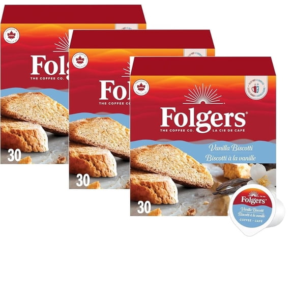 Folgers Vanilla Biscotti Flavoured Light Roast Coffee Pods, 90 count ( 3 pack )