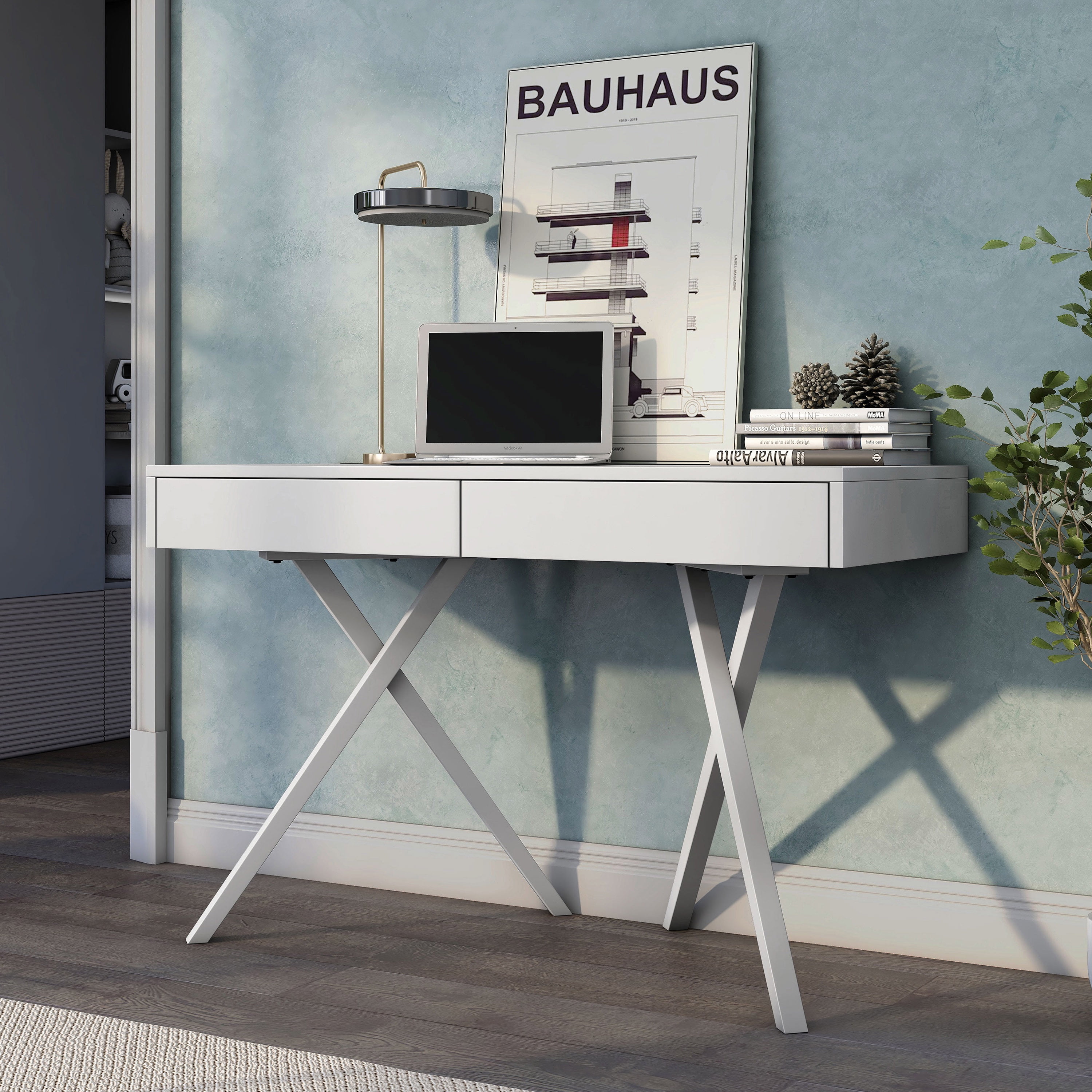 Luminous White Rubberwood Writing Desk with USB Ports and Drawers