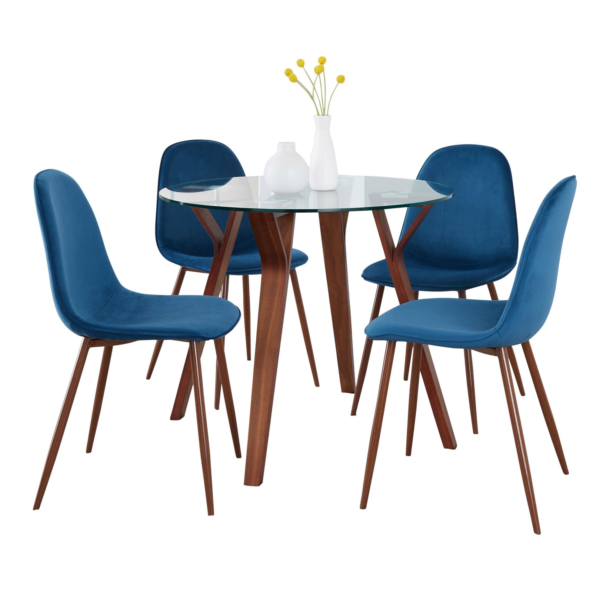 Folia 5-Piece Blue Velvet and Glass Top Dining Set