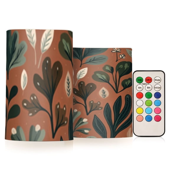 Foliage Design on Brown Flickering Flameless Candles Battery Operated with Remote Timer LED Pillar Candles Set of 2