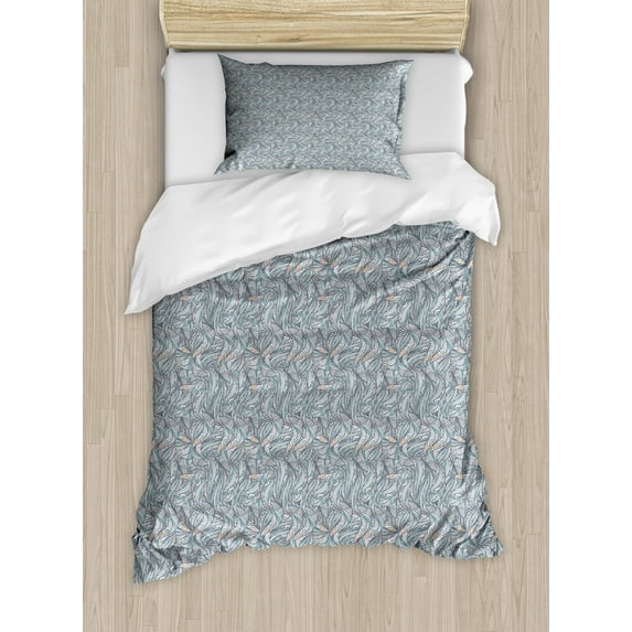 Foliage Duvet Cover Set, Swirly Stripes and Curves Lines Foliage Branches Nature Abstract Forms, Decorative 2 Piece Bedding Set with 1 Pillow Shams, Twin Size, Cadet Blue and Peach, by Ambesonne