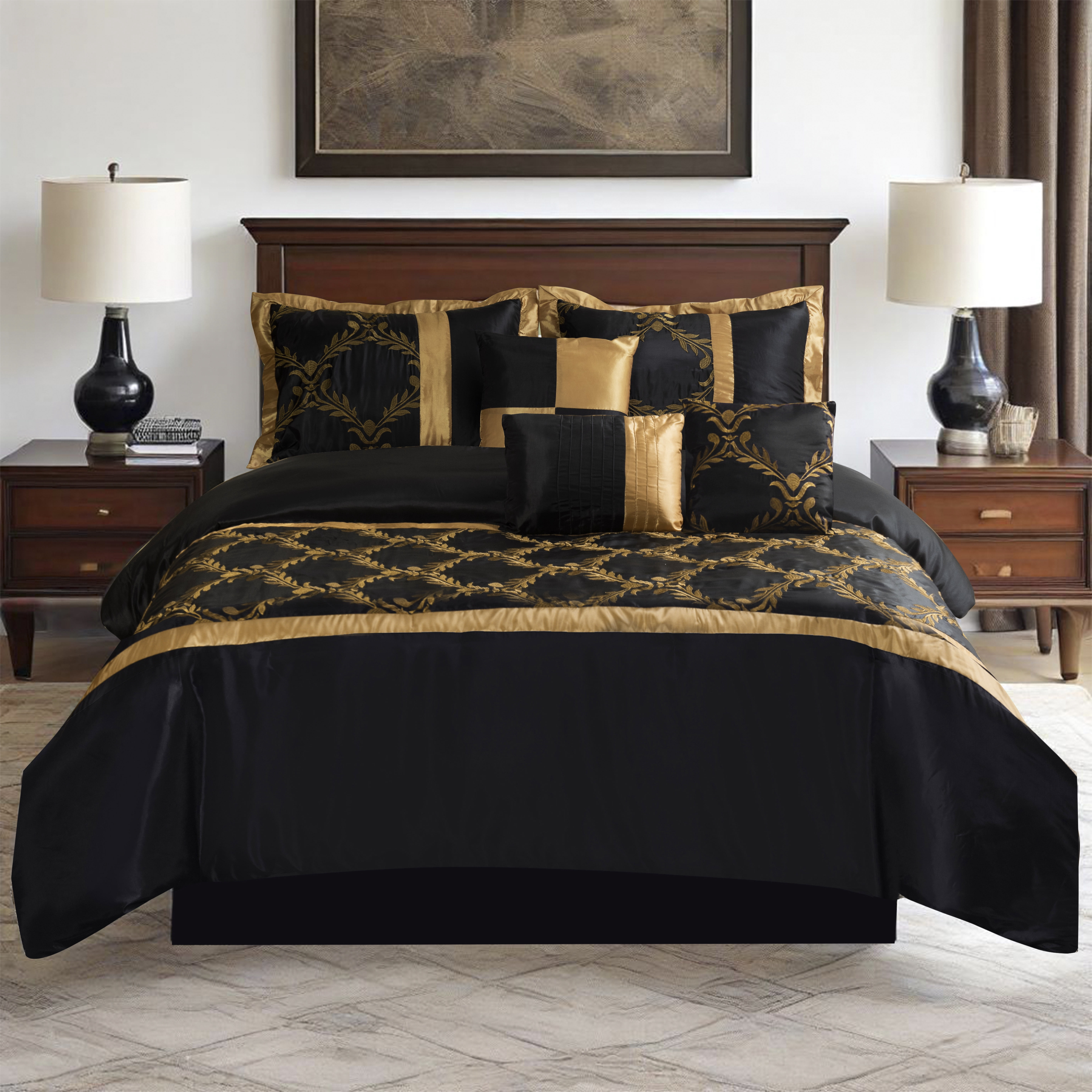 Foliage Embroidery 7-Piece Comforter Set in Black & Gold, Includes Bed Skirt - King Size Luxury Bedding