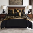 thumbnail image 1 of Foliage Embroidery 7-Piece Comforter Set in Black & Gold, Includes Bed Skirt - Queen Size Luxury Bedding, 1 of 4