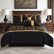 Foliage Embroidery 7-Piece Comforter Set in Black & Gold, Includes Bed Skirt - Queen Size Luxury Bedding