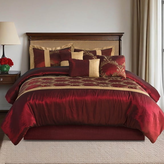 Foliage Embroidery 7-Piece Comforter Set in Burgundy & Gold, Includes Bed Skirt - King Size Luxury Bedding